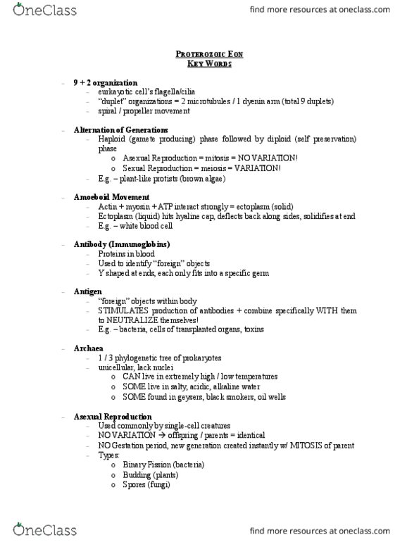 BIO 1130 Lecture Notes - Lecture 10: Proterozoic, Amoeboid Movement, Nuclear Membrane thumbnail