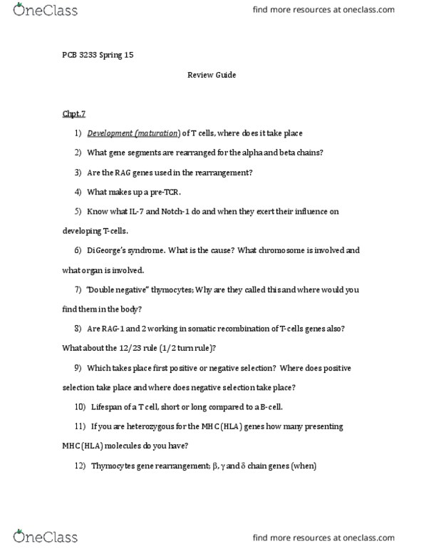 PCB 3233 Lecture Notes - Lecture 1: Antigen-Presenting Cell, Thymocyte, Mhc Class I thumbnail