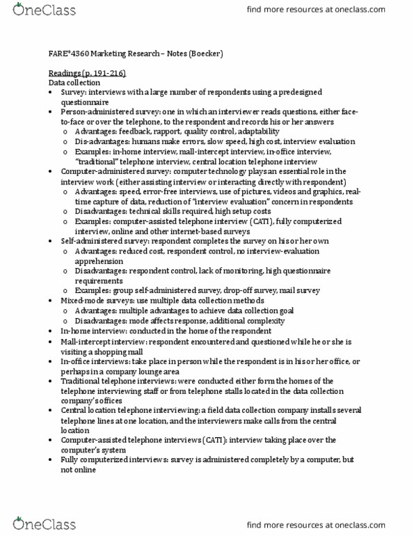 FARE 4360 Chapter Notes - Chapter 6: Computer-Assisted Telephone Interviewing thumbnail