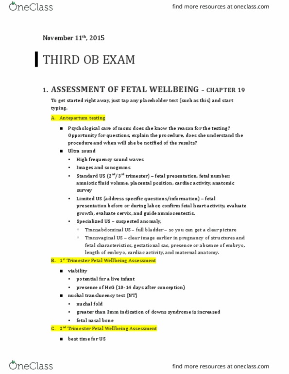 NURS 220 Lecture Notes - Lecture 3: Dysfunctional Uterine Bleeding, Vaginal Bleeding, Fetal Movement thumbnail