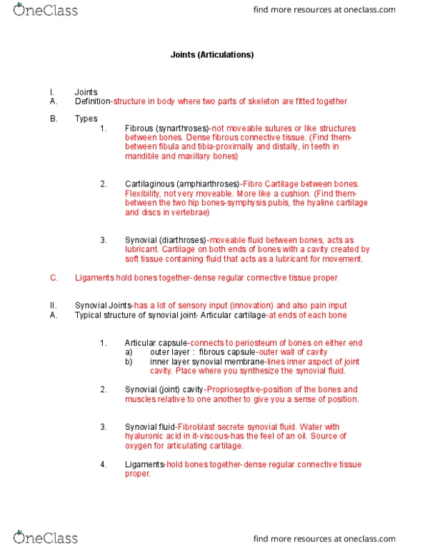 NURS 220 Lecture Notes - Lecture 9: Synovial Joint, Synovial Fluid, Connective Tissue thumbnail