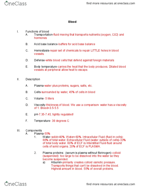 NURS 220 Lecture Notes - Lecture 19: Beta Globulins, Oncotic Pressure, Red Blood Cell thumbnail