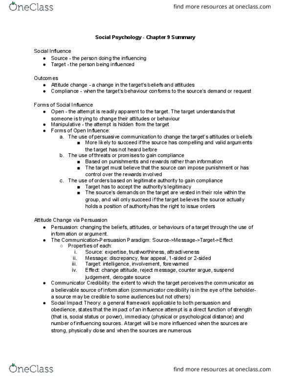 SOCPSY 1Z03 Chapter Notes - Chapter 9: Attitude Change, Social Influence, Milgram Experiment thumbnail