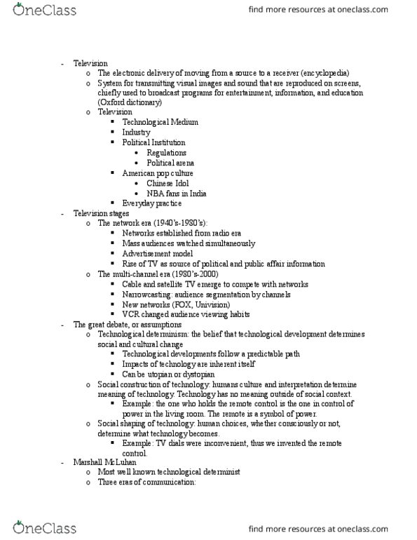 RTV 3405 Lecture Notes - Lecture 1: Texaco Star Theatre, Videocassette Recorder, Vladimir K. Zworykin thumbnail