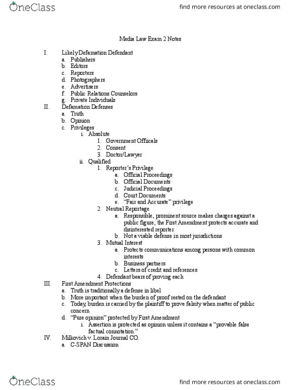 MMC 4200 Lecture Notes - Lecture 2: Pensacola News Journal, False Light, Suicide Of Megan Meier thumbnail