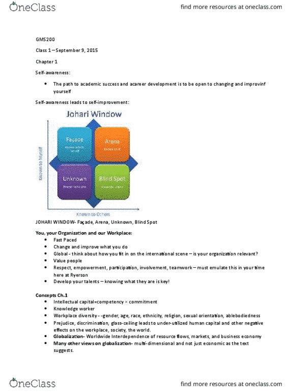 GMS 200 Lecture Notes - Lecture 1: Johari Window, Knowledge Worker, Human Capital thumbnail