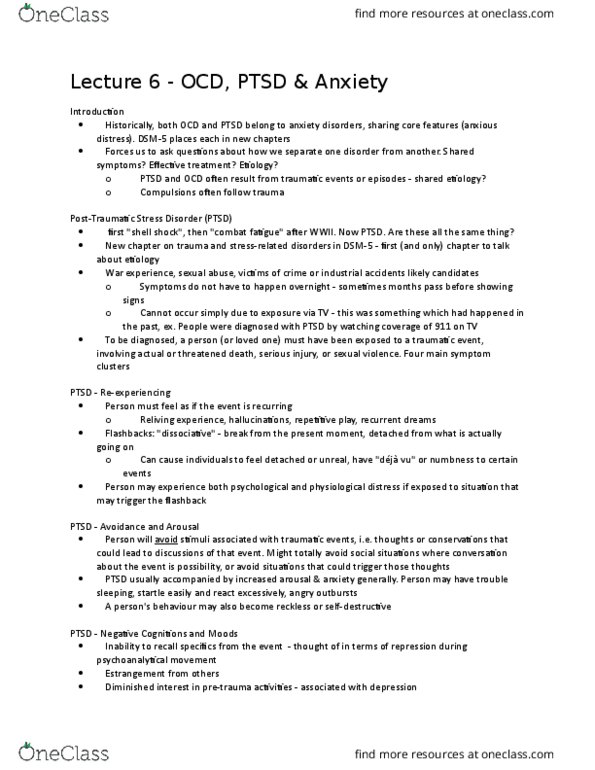 HLTHAGE 2G03 Lecture Notes - Lecture 6: Obsessive–Compulsive Disorder, Anxiety Disorder, Combat Stress Reaction thumbnail