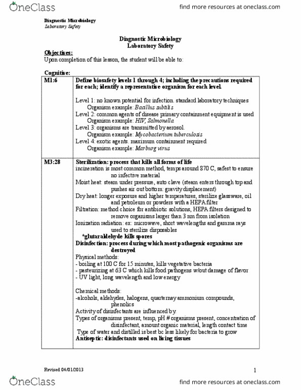 MLS 341 Lecture Notes - Lecture 3: Personal Protective Equipment, Marburg Virus, Mycobacterium Tuberculosis thumbnail