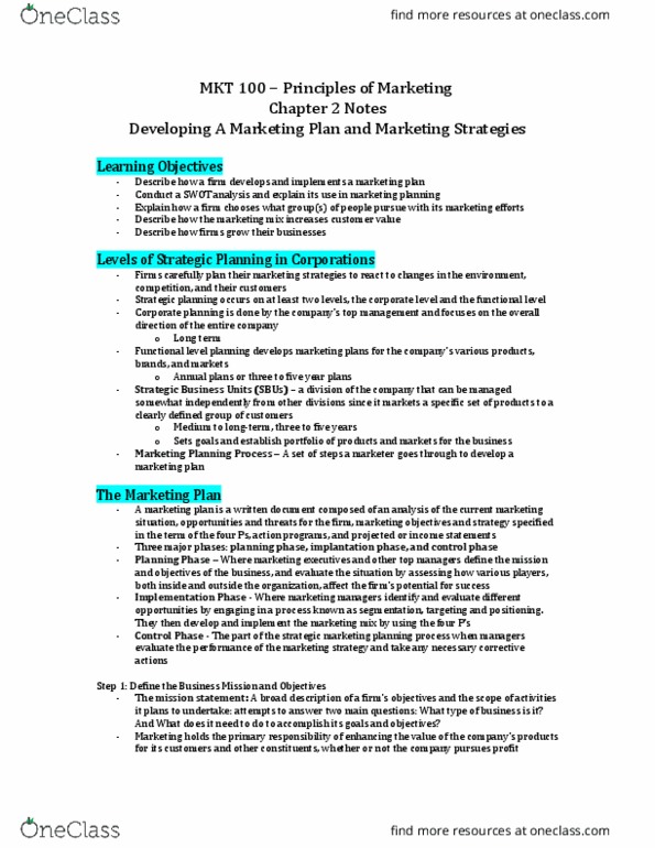 MKT 100 Chapter Notes - Chapter 2: Swot Analysis, Strategic Planning, Marketing Mix thumbnail