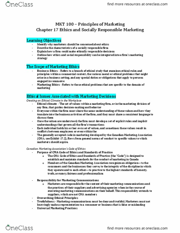 MKT 100 Chapter Notes - Chapter 17: Marketing Communications, Personal Information Protection And Electronic Documents Act, Consumer Complaint thumbnail