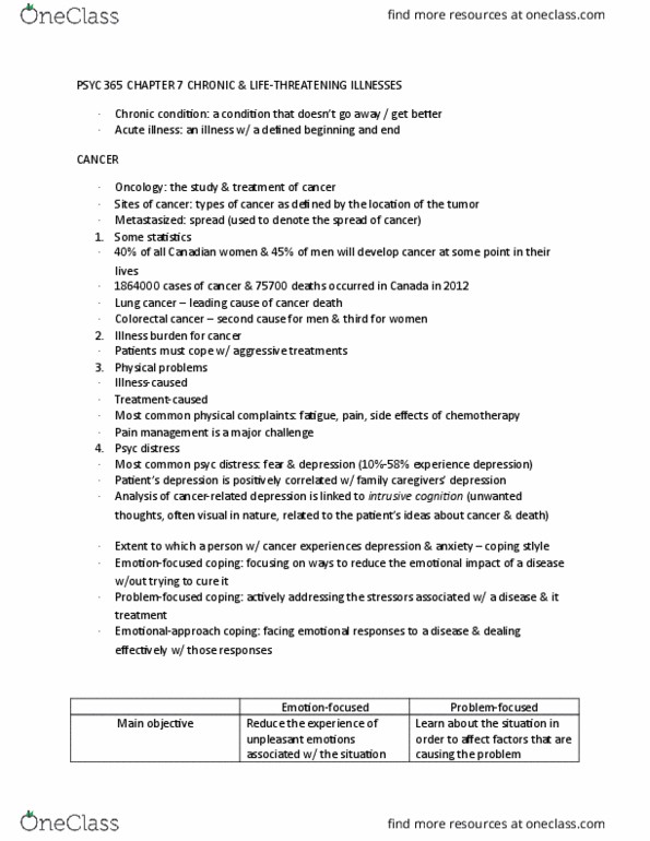 PSYC 365 Lecture Notes - Lecture 7: Adjuvant Therapy, Posttraumatic Stress Disorder, Colorectal Cancer thumbnail