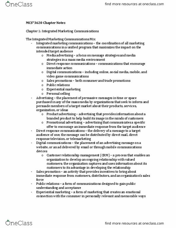 MCS 3620 Chapter Notes - Chapter all: Integrated Marketing Communications, Direct Response Television, Brand Loyalty thumbnail