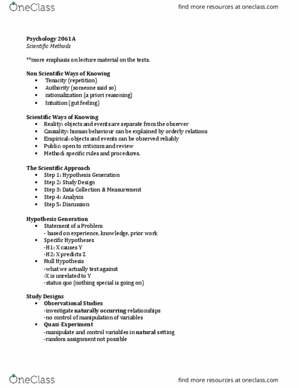 Psychology 2061A/B Lecture Notes - Lecture 1: Null Hypothesis, Random Assignment, Internal Consistency thumbnail