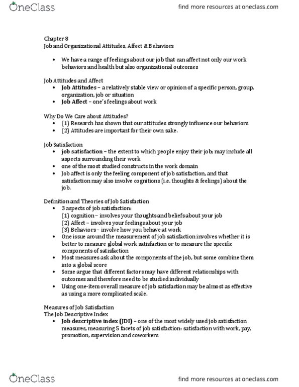 Psychology 2061A/B Chapter Notes - Chapter 8: Job Satisfaction, Organizational Commitment, Job Performance thumbnail