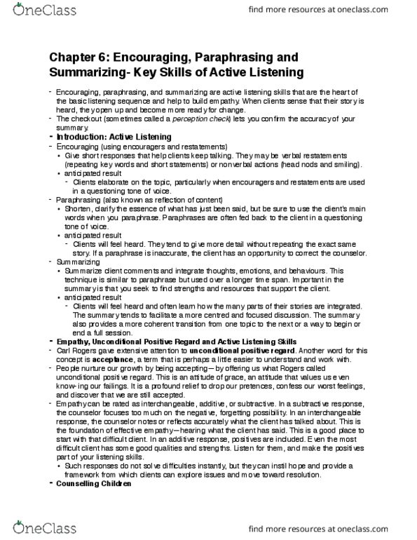 FRHD 3400 Chapter Notes - Chapter 6: The Counselor, Active Listening thumbnail