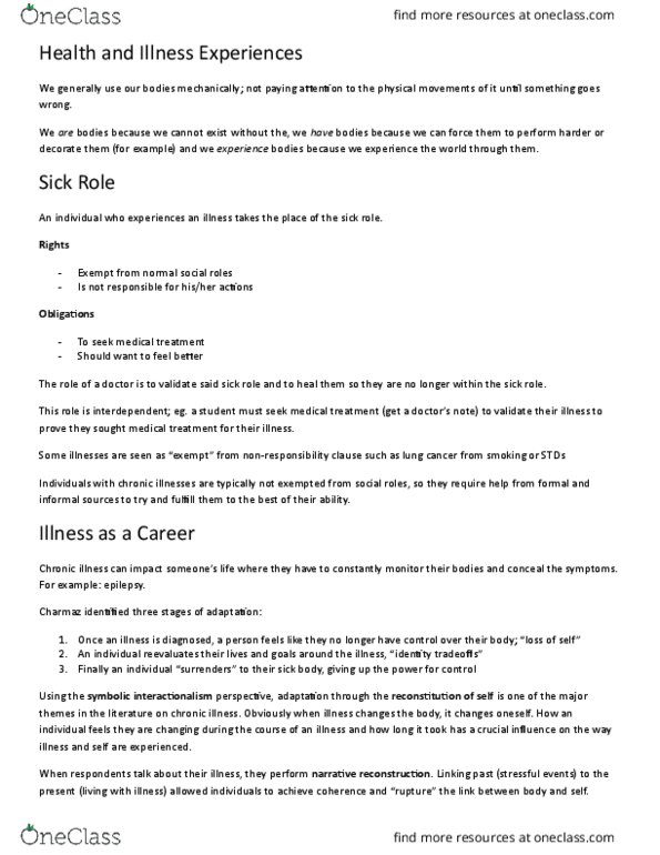 HLSC 2P21 Chapter Notes - Chapter 11: Sick Role, Chronic Condition, Breast Cancer thumbnail