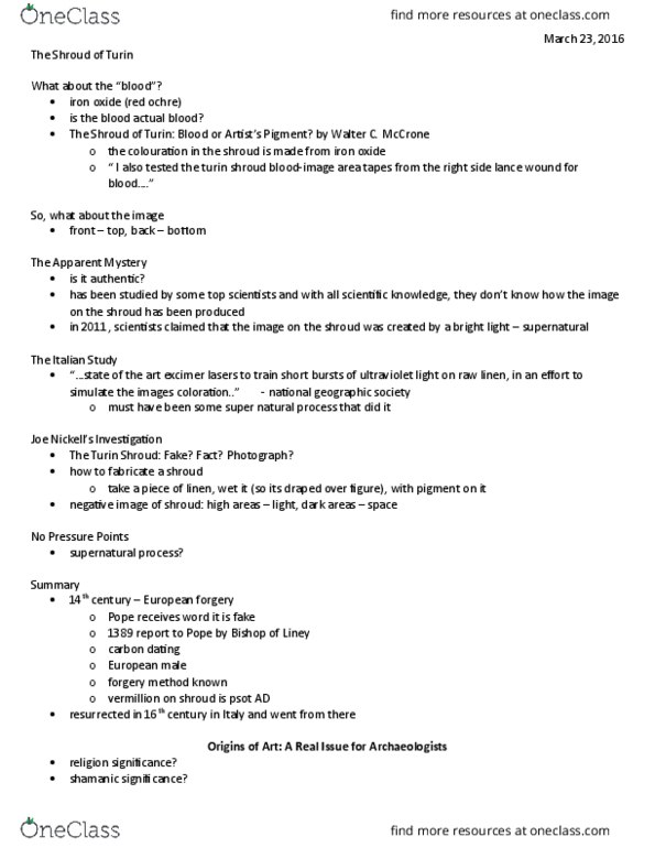 ANT201H5 Lecture Notes - Lecture 11: Shroud Of Turin, Hohle Fels, National Geographic Society thumbnail