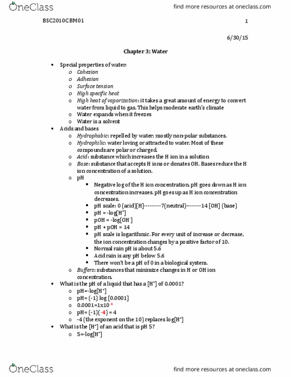 BSC 2010C Lecture Notes - Lecture 3: Acid Rain, Ph, Heat Capacity thumbnail