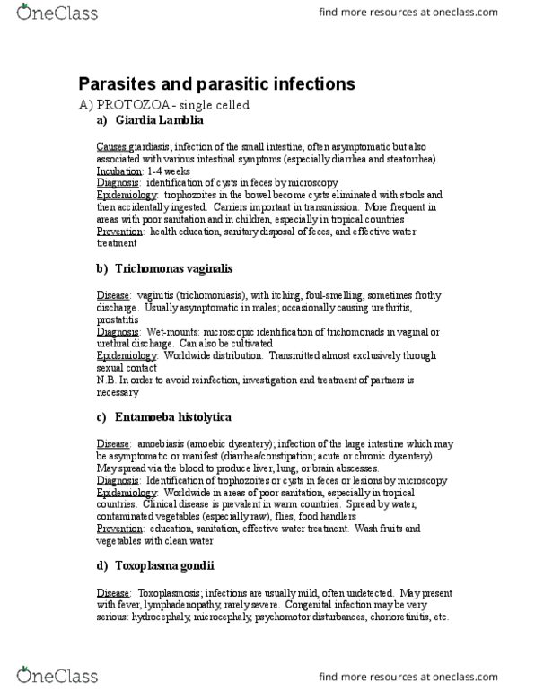 HSS 1100 Lecture Notes - Lecture 12: Cyclospora Cayetanensis, Anopheles, Giardia Lamblia thumbnail