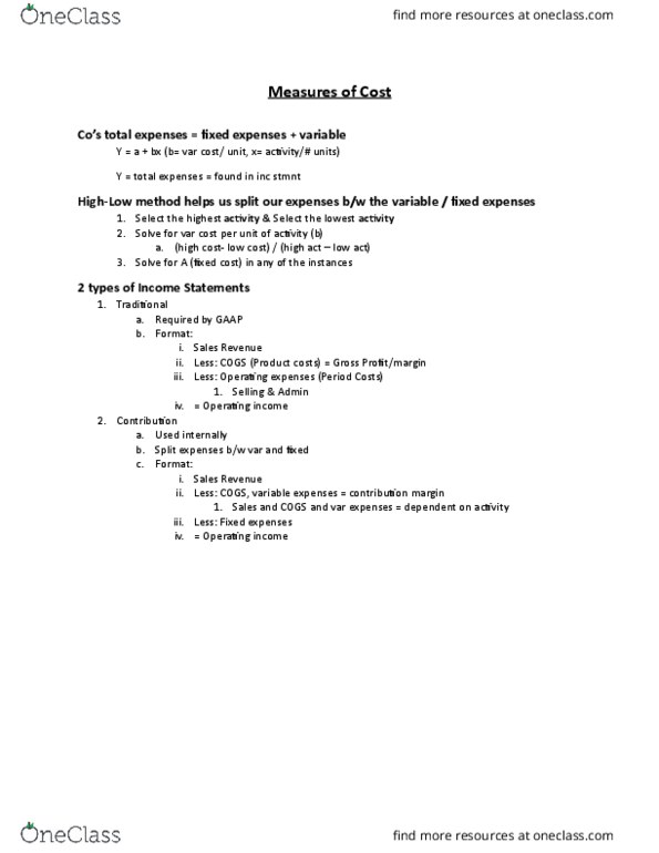ACC 212 Lecture Notes - Lecture 2: Earnings Before Interest And Taxes, Fixed Cost, Cost Driver thumbnail