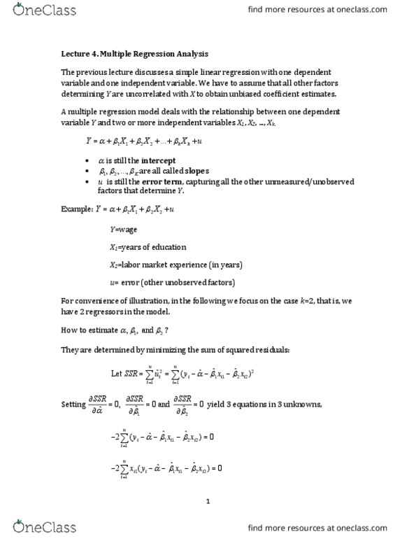 ECON 122A Lecture Notes - Lecture 4: Simple Linear Regression, General Linear Model, Covariate thumbnail