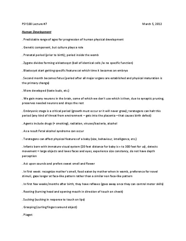 PSY100H1 Lecture Notes - Lecture 7: Fetal Alcohol Spectrum Disorder, Synaptic Pruning, Subjective Constancy thumbnail