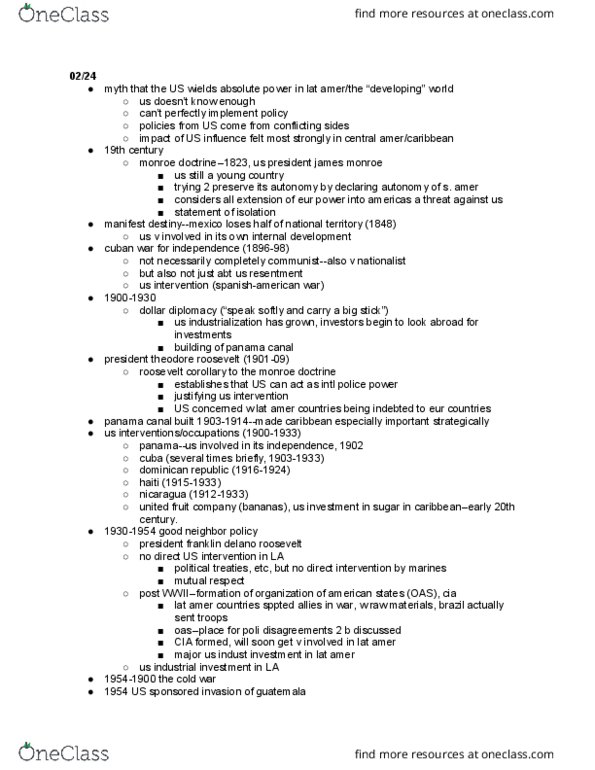 HIST 360 Lecture Notes - Lecture 12: United Fruit Company, Roosevelt Corollary, Monroe Doctrine thumbnail