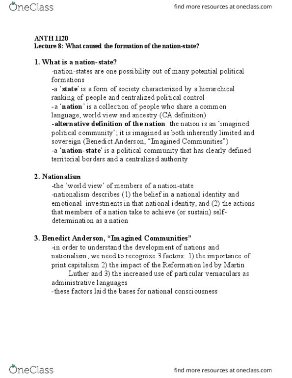 ANTH 1120 Lecture Notes - Lecture 8: Imagined Communities, Nationstates, Ethnocide thumbnail