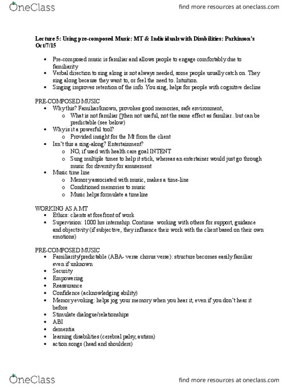 MUSIC 2MT3 Lecture Notes - Lecture 5: Mini–Mental State Examination, Precomposed Character, Cerebral Palsy thumbnail