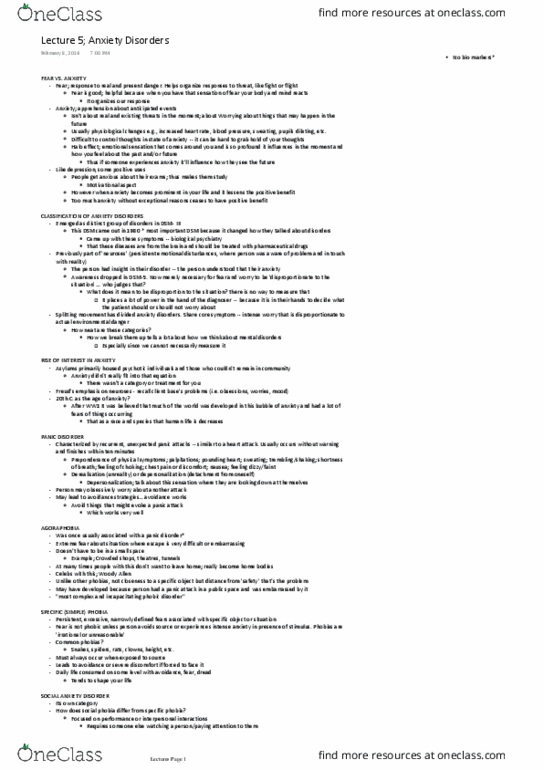 HLTHAGE 2G03 Lecture Notes - Lecture 5: Generalized Anxiety Disorder, Anxiety Disorder, Panic Disorder thumbnail