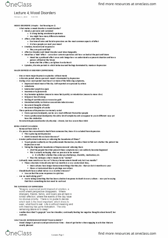 HLTHAGE 2G03 Lecture Notes - Lecture 4: Major Depressive Episode, Oppositional Defiant Disorder, Major Depressive Disorder thumbnail