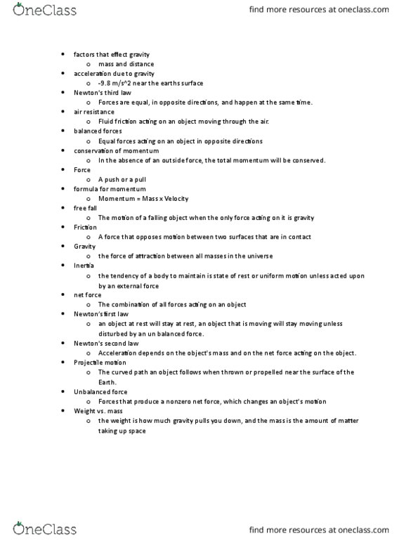 PHYSICS 131 Study Guide - Spring 2016, Quiz - Projectile Motion, Net Force