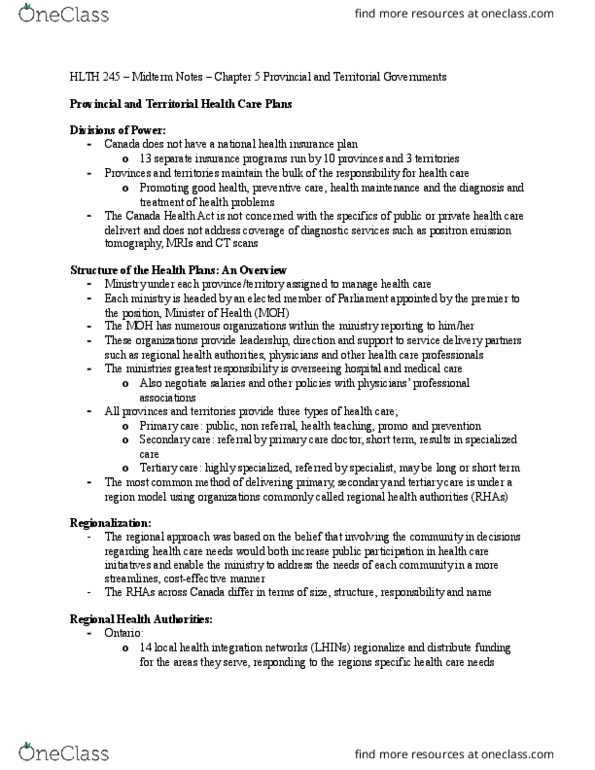HLTH273 Chapter Notes - Chapter 5: Canada Pension Plan, Canada Health Act, Health Care thumbnail