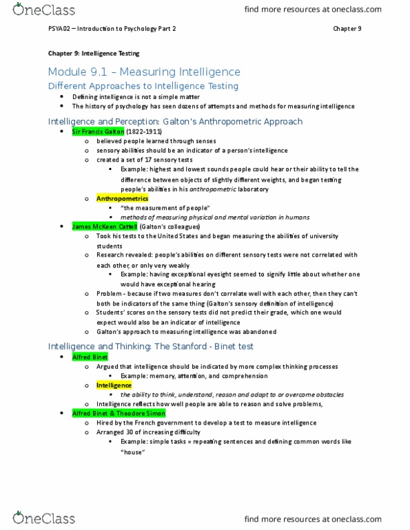 PSYA02H3 Chapter Notes - Chapter 9: Wechsler Adult Intelligence Scale, James Mckeen Cattell, Intelligence Quotient thumbnail