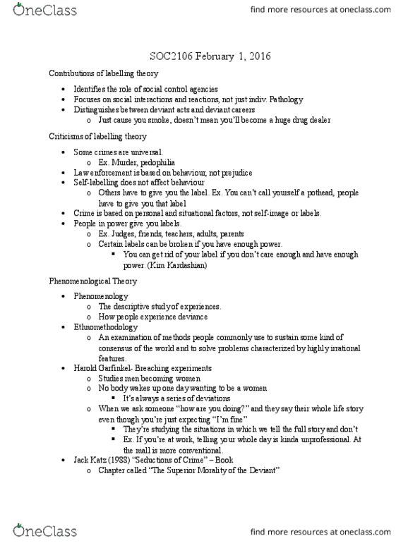 SOC 2106 Lecture Notes - Lecture 4: Kim Kardashian, Harold Garfinkel, Labeling Theory thumbnail