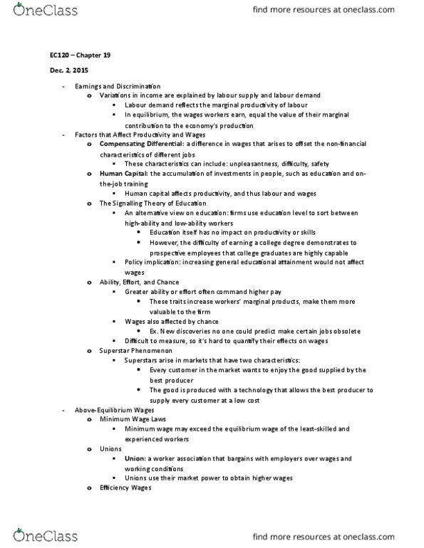 EC120 Lecture Notes - Lecture 19: Human Capital, Market Power, Efficiency Wage thumbnail