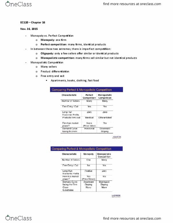 EC120 Lecture Notes - Lecture 14: Monopolistic Competition, Imperfect Competition, Perfect Competition thumbnail