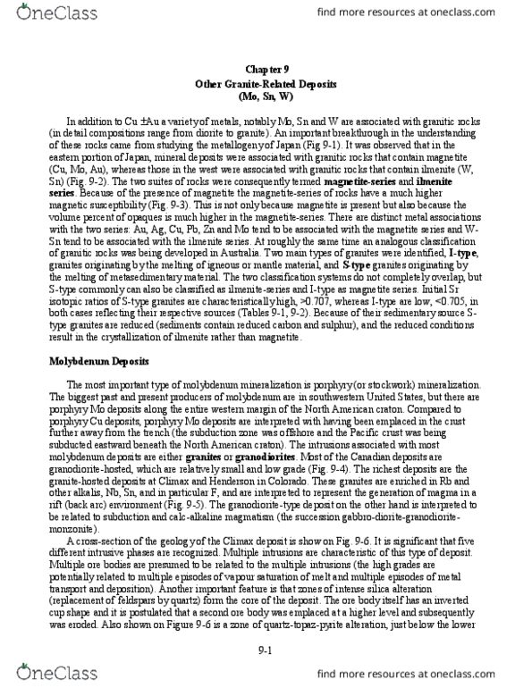 Earth Sciences 4432A/B Lecture Notes - Lecture 9: Porphyry Copper Deposit, Quartz Diorite, Molybdenite thumbnail
