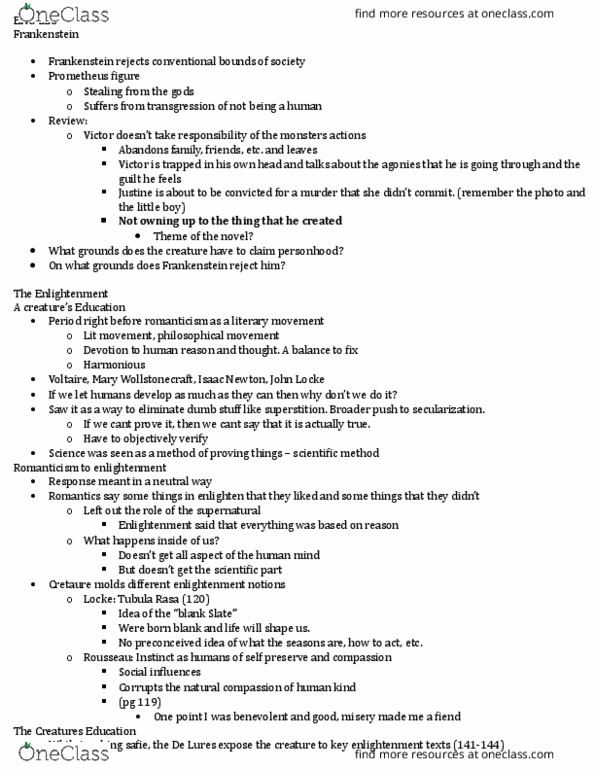 ENGL 226 Lecture Notes - Lecture 12: Paradise Lost, Mary Wollstonecraft, Romantic Hero thumbnail