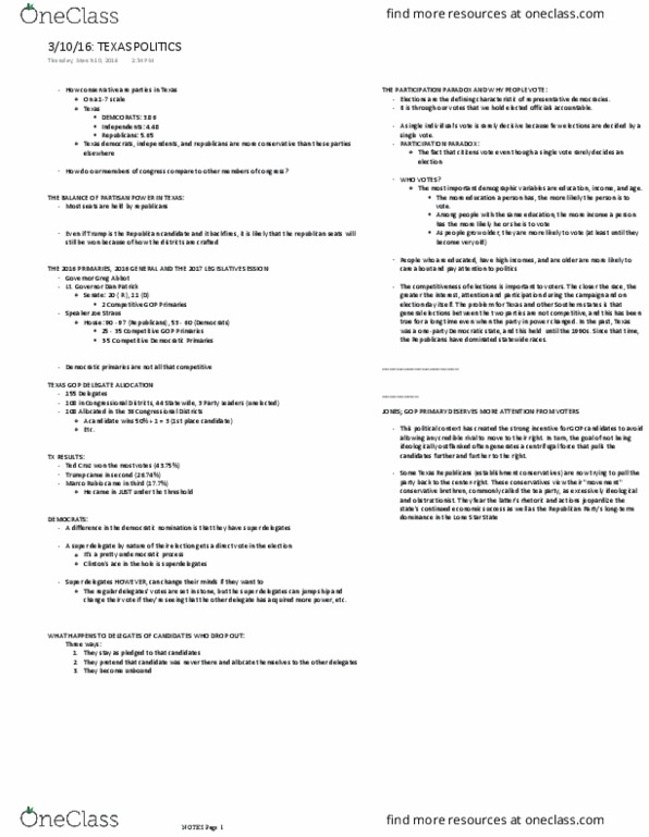 POST 201 Lecture Notes - Lecture 16: Joe Straus, Representative Democracy, Superdelegate thumbnail