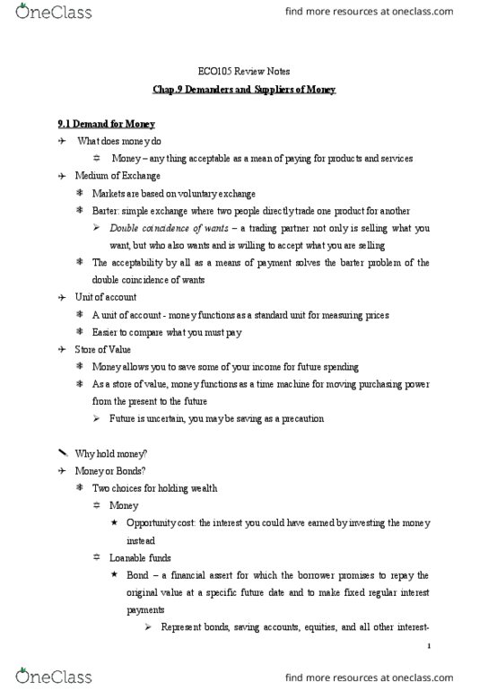 ECO105Y1 Chapter Notes - Chapter 9: Loanable Funds, Demand For Money, Demand Deposit thumbnail