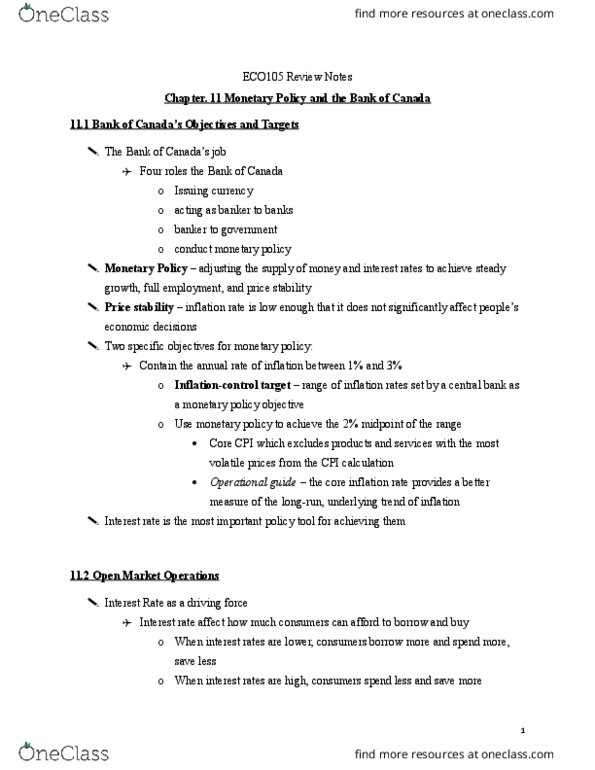 ECO105Y1 Chapter Notes - Chapter 11: Open Market Operation, Monetary Policy, Overnight Rate thumbnail