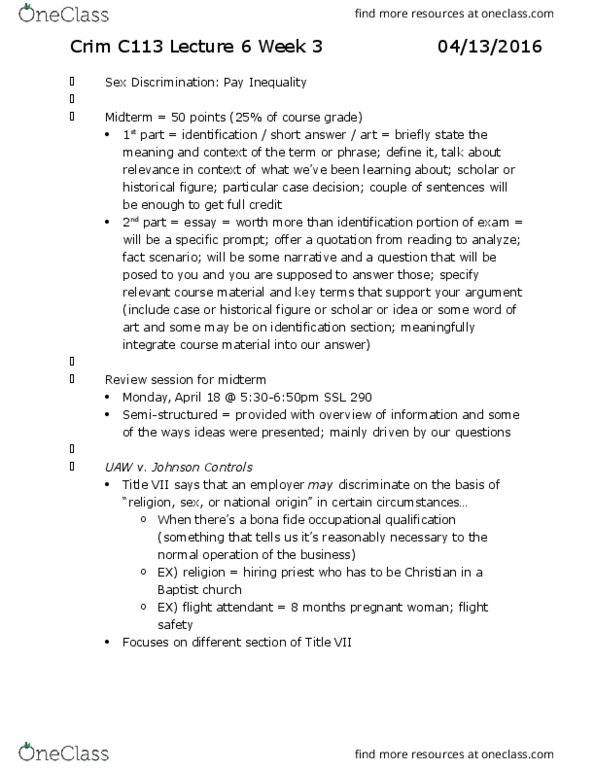 CRM/LAW C113 Lecture Notes - Lecture 6: Lilly Ledbetter Fair Pay Act Of 2009, Paycheck Fairness Act, Equal Protection Clause thumbnail