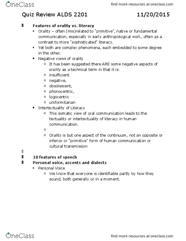 ALDS 2201 Lecture Notes - Lecture 2: Illocutionary Act, Conversation Analysis, Relevance Theory thumbnail