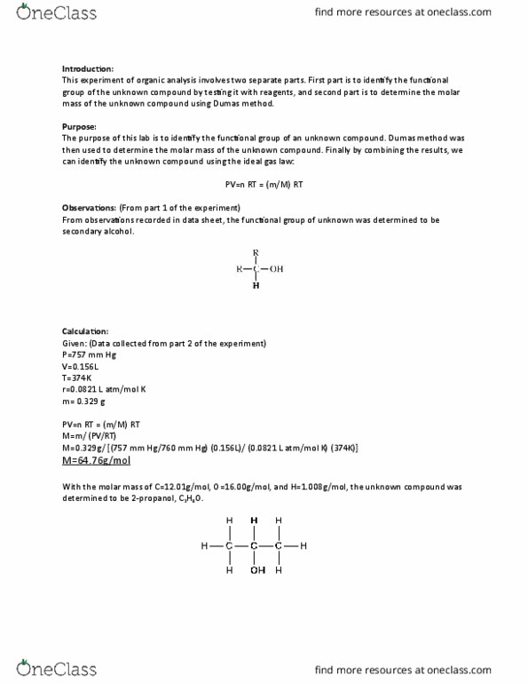 CHM110H5 Lecture Notes - Lecture 1: Ideal Gas Law, Dumas Method, Molar Mass thumbnail