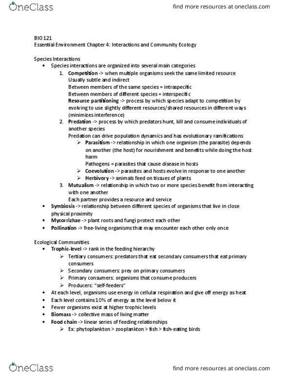 BIO 121 Chapter Notes - Chapter 4: Herbivore, Cellular Respiration, Niche Differentiation thumbnail