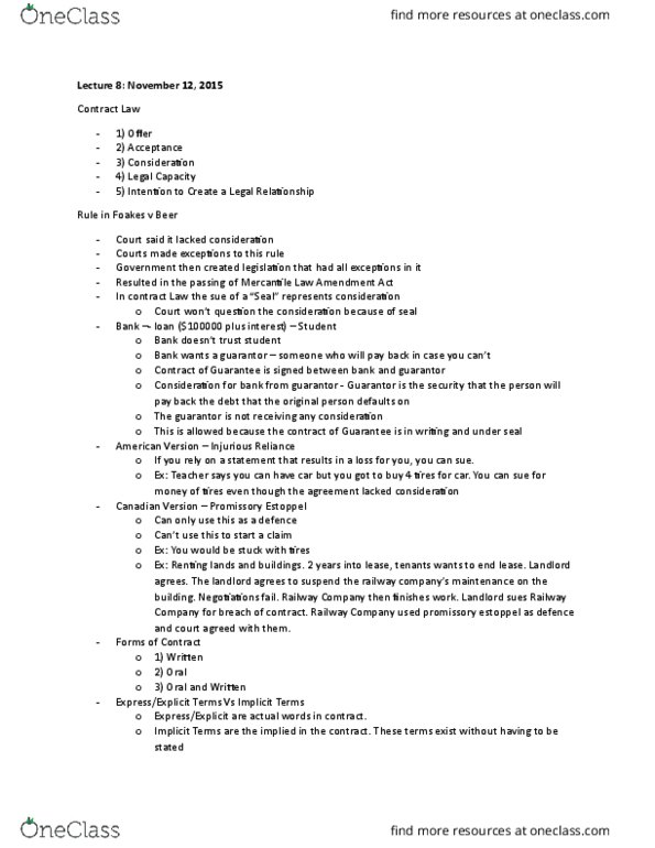COMM231 Lecture Notes - Lecture 8: Contract Clause, Estoppel, Condition Subsequent thumbnail