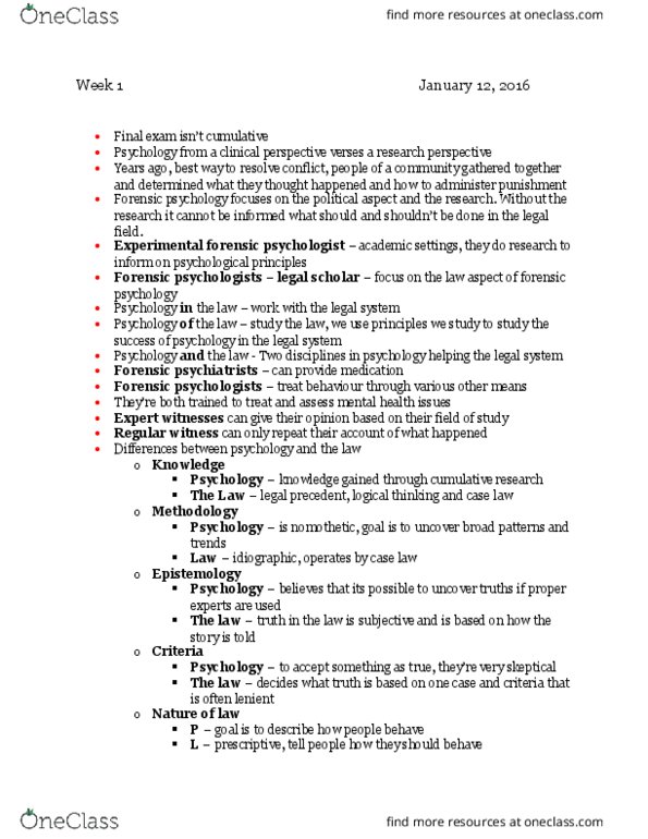 PSYC 2400 Lecture Notes - Lecture 1: Nomothetic, Forensic Psychology thumbnail