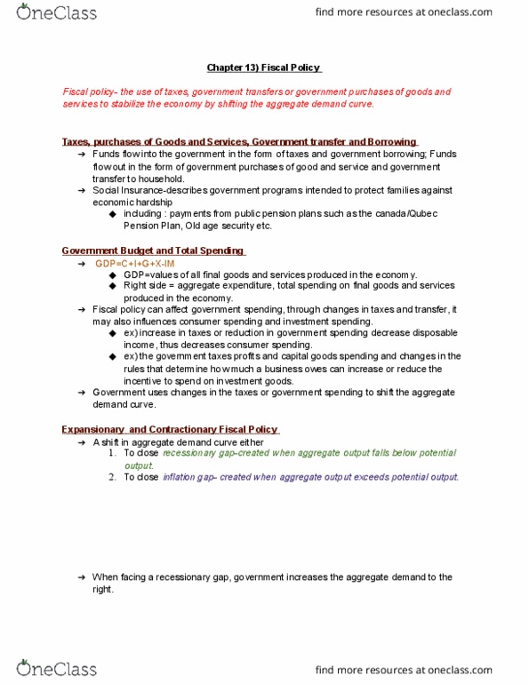 MGEA06H3 Chapter Notes - Chapter 13: Automatic Stabilizer, Government Spending, Ricardian Equivalence thumbnail