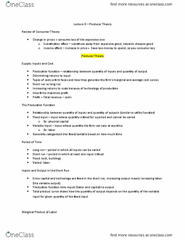 ECON 201 Lecture Notes - Lecture 8: Average Variable Cost, Average Cost, Marginal Product thumbnail